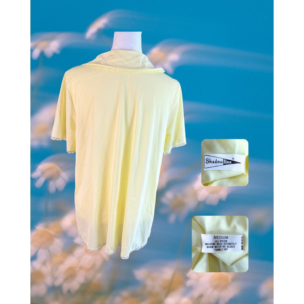VTG 70s Shadowline Nylon Tricot Coquette Sleep Shirt Butter Yellow Lace Collar M - Picture 4 of 4